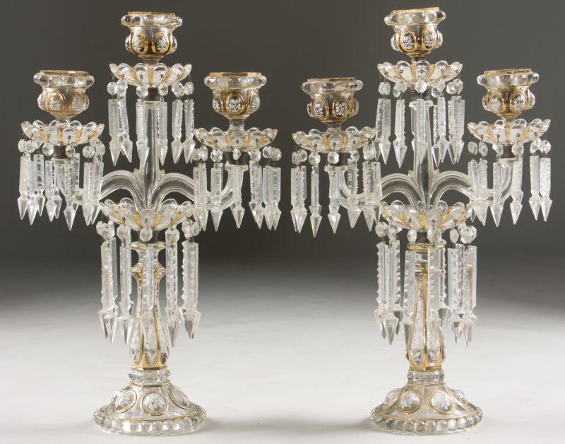 Appraisal: Pair of Painted Glass Drop Prism Candelabra late th century