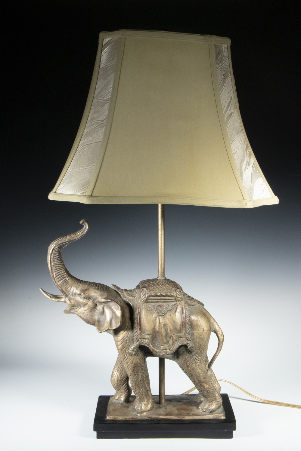 Appraisal: ELEPHANT LAMP WITH SILK SHADE Contemporary Figural Table Lamp with