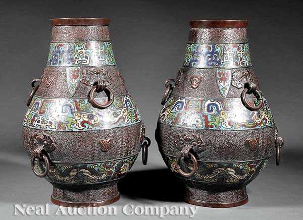 Appraisal: A Pair of Chinese Cloisonn Embellished Patinated Bronze Vases early