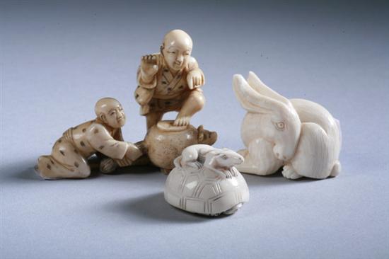 Appraisal: JAPANESE IVORY OKIMONO OF TWO MEN Together with two netsuke