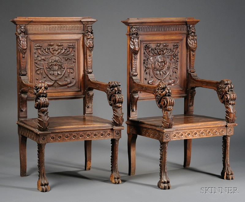 Appraisal: Pair of Italian Renaissance-style Carved Walnut Throne Chairs ht wd