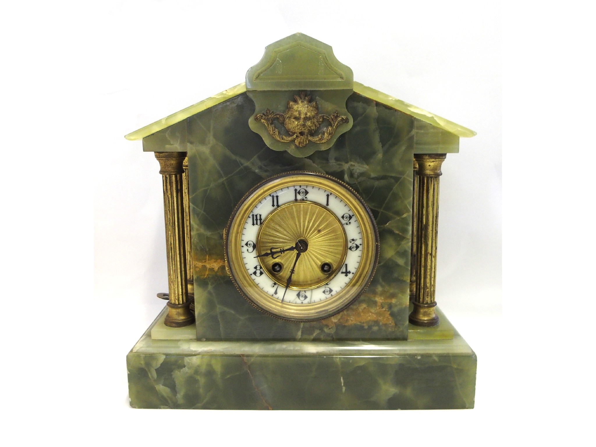 Appraisal: Green onyx mantle clock with gilded columns and enamel chapter