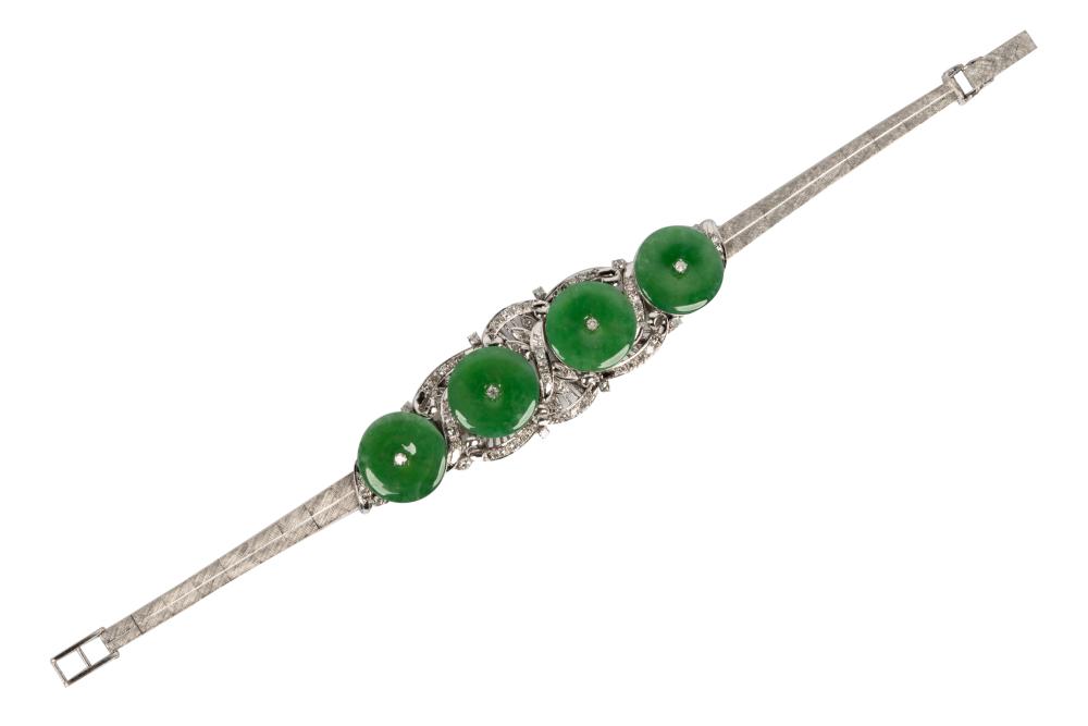 Appraisal: LOW KARAT WHITE GOLD JADE BRACELETcontaining four round pierced jadeite