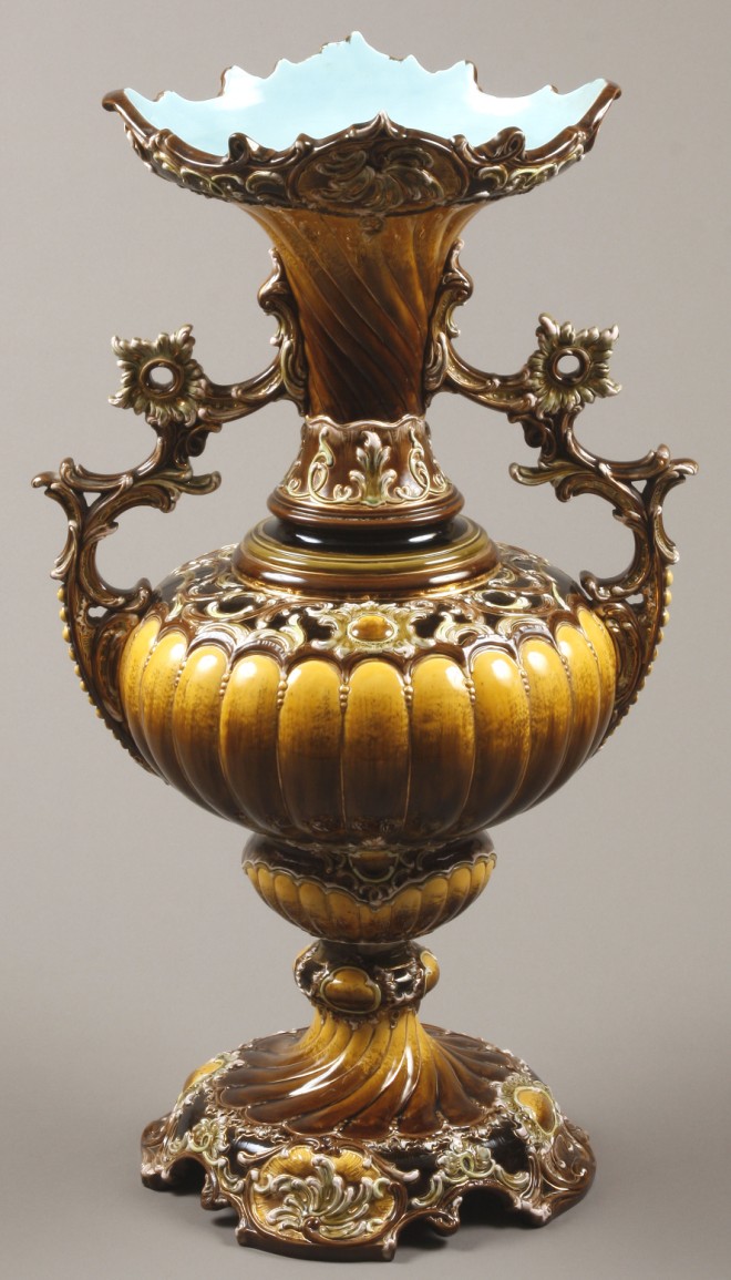 Appraisal: Monumental urn features yellow and brown glaze with pink and