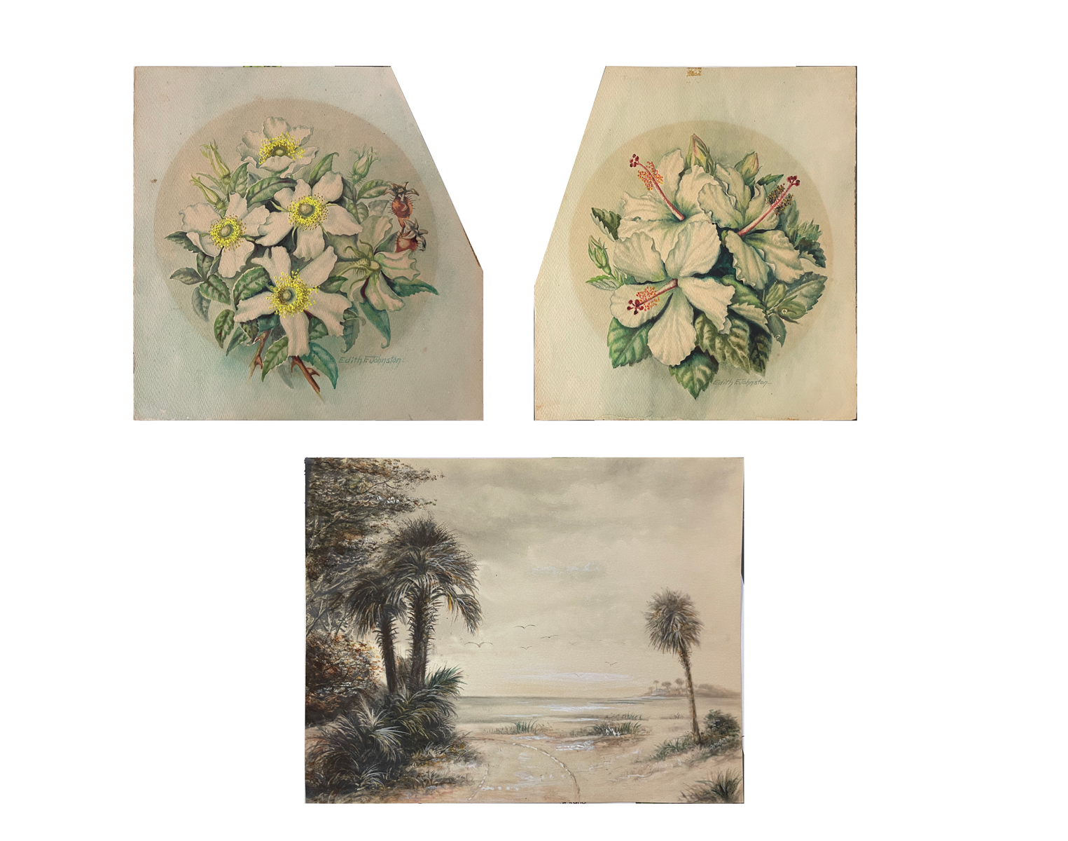 Appraisal: THREE FLORIDA PAINTINGS Unknown Artist Beach Scene Watercolor with Palms