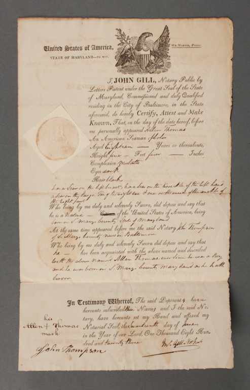 Appraisal: African Americans part-printed freedom certificate issued to Allen Thomas a