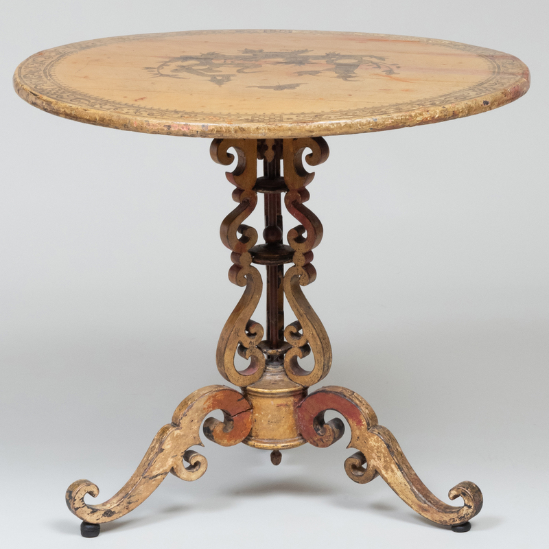 Appraisal: Victorian Japanned and Parcel-Gilt Tripod Center Table With chinoiserie decoration