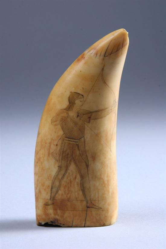 Appraisal: SCRIMSHAW DECORATED WHALE'S TOOTH Medieval archer reversing to figure of