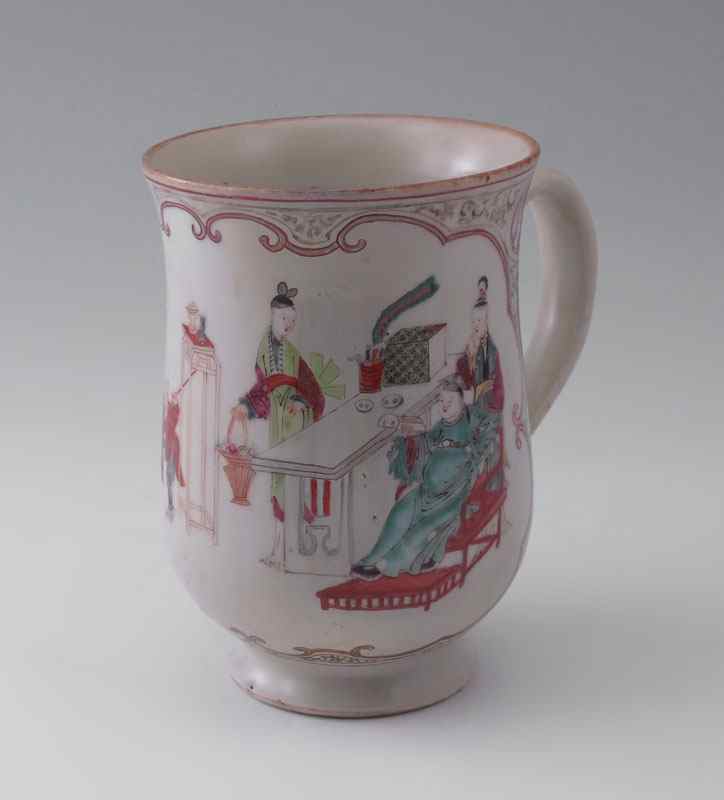 Appraisal: CHINESE EXPORT CIDER MUG Hand painted social scene '' x