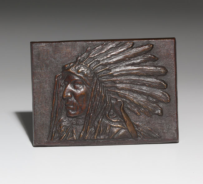 Appraisal: Walt Wiggins plaque bronzed metal manufactured Santa Fe Bronze Indian