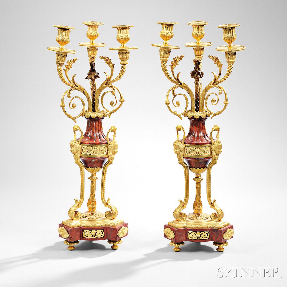 Appraisal: Pair of Empire-style Gilt-bronze and Rouge Marble Three-light Candelabra France