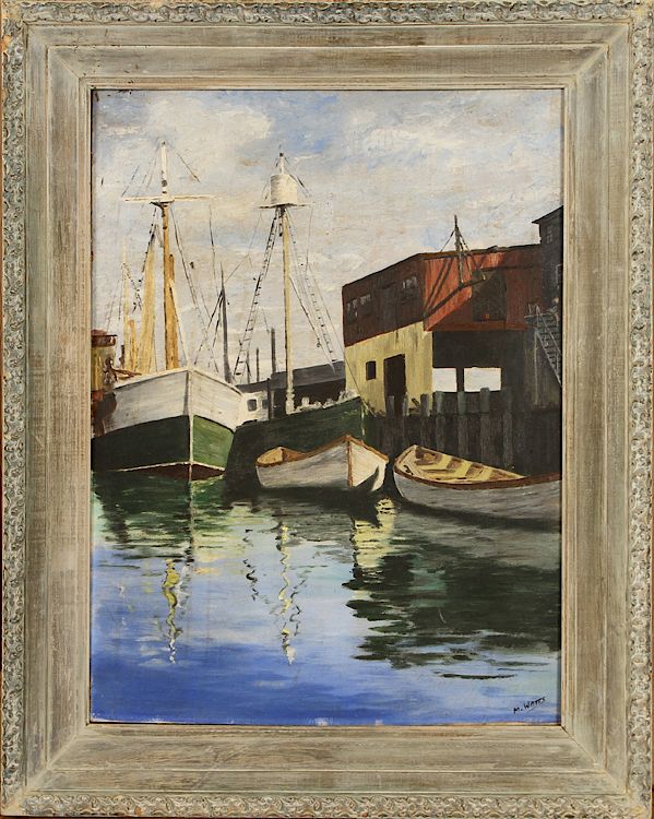 Appraisal: M WATTS HARBOR SCENE OIL ON CANVAS SIGNED M Watts