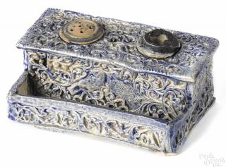 Appraisal: Stoneware inkwell th c with allover cobalt highlights on an