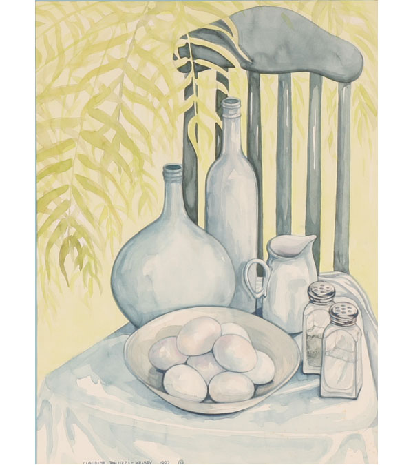 Appraisal: Claudine Paluzzi-Kelsey American b still life table arrangement watercolor on