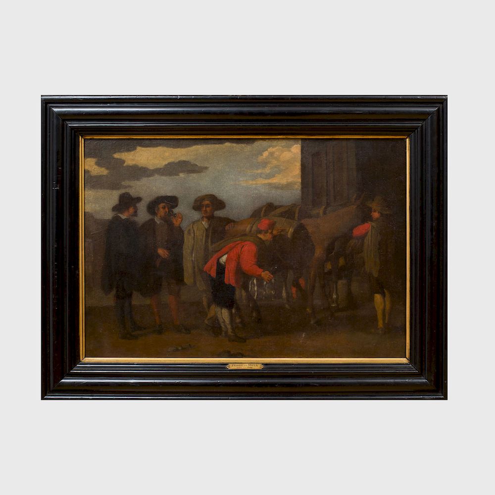 Appraisal: Spanish School Inspecting the Horses Oil on canvas unsigned lined