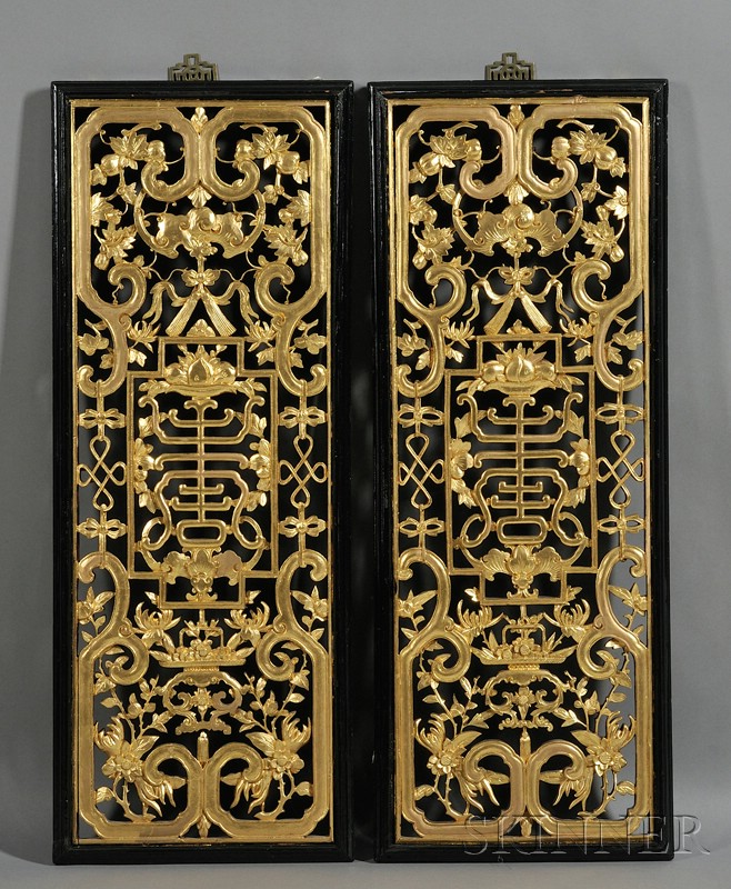 Appraisal: Pair of Ornamental Panels China th century carved pierced and