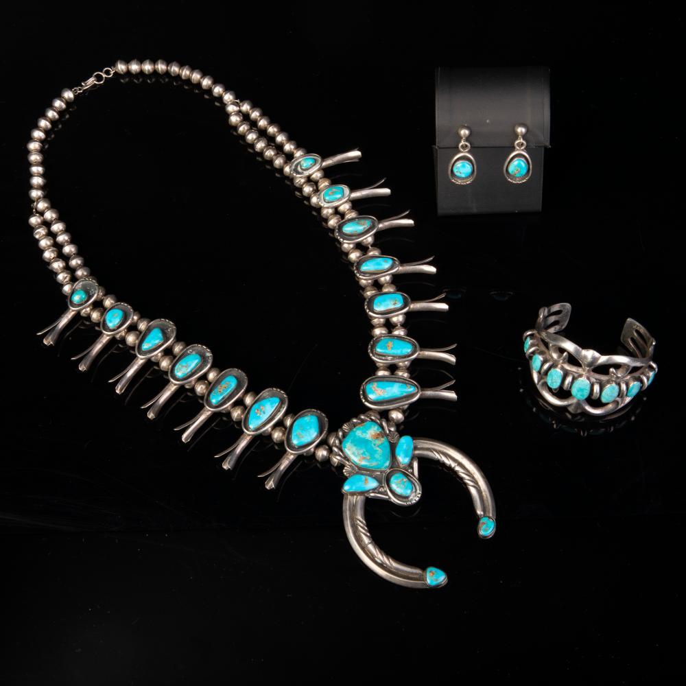 Appraisal: DIN NAVAJO SQUASH BLOSSOM NECKLACE WITH CUFF AND EARRINGSDin Navajo