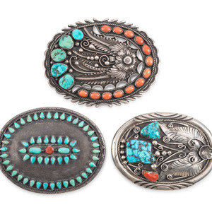 Appraisal: Navajo Silver Turquoise and Coral Belt Buckles third quarter th