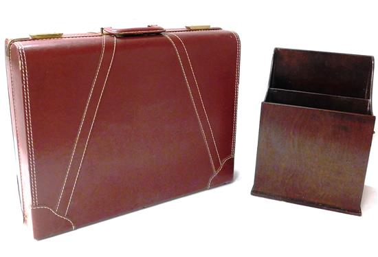 Appraisal: Suitcase and magazine rack red leather suitcase top stitching brass