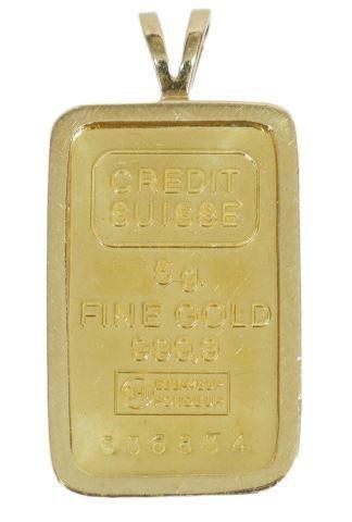 Appraisal: Estate gold pendant Credit Suisse five-gram fine gold bar fine