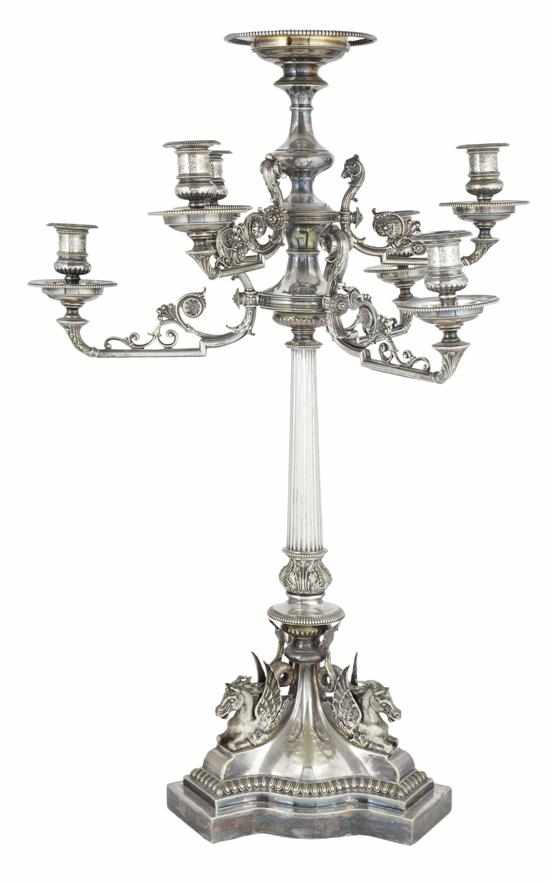 Appraisal: A SILVER PLATE SIX BRANCH PRESENTATION CANDELABRA DATED The tripod