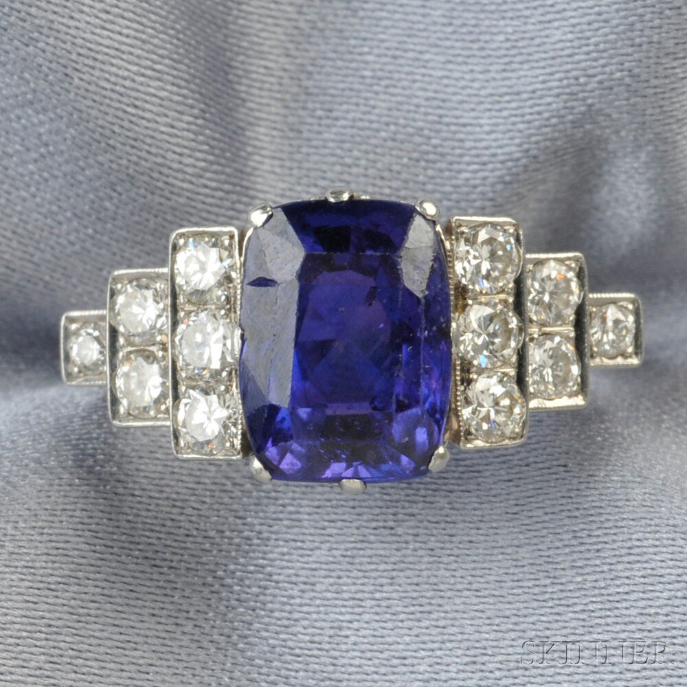 Appraisal: Platinum Colored Sapphire and Diamond Ring set with a fancy-cut