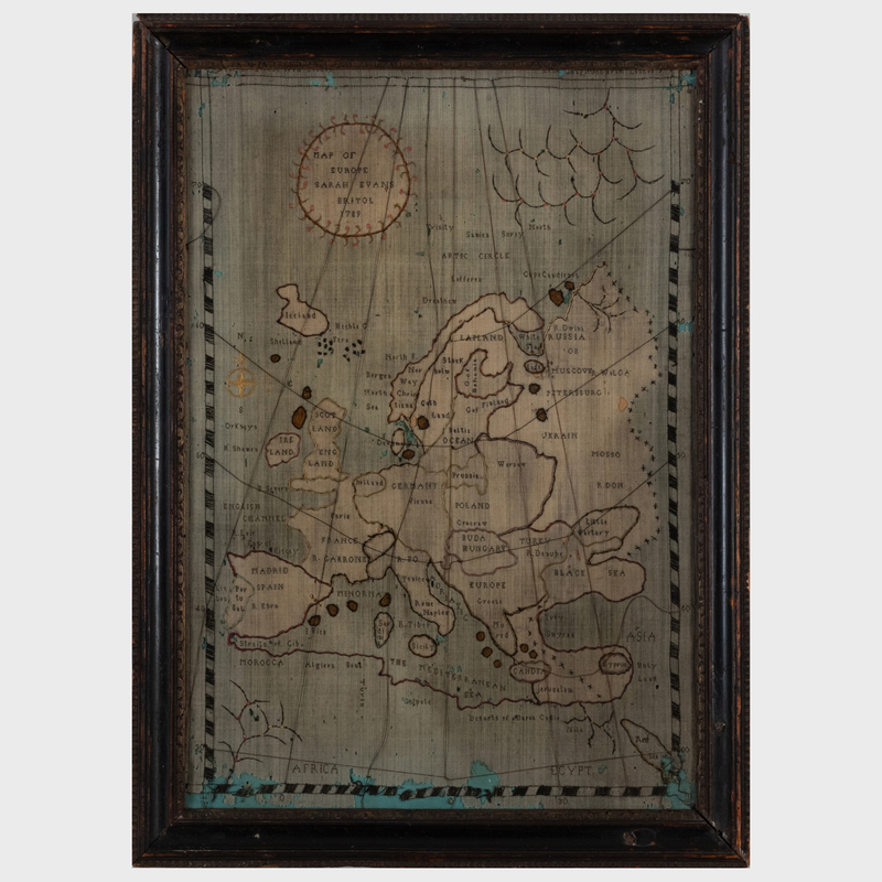 Appraisal: English Schoolgirl Needlework Map of Europe Inscribed 'Sarah Evans Bristol