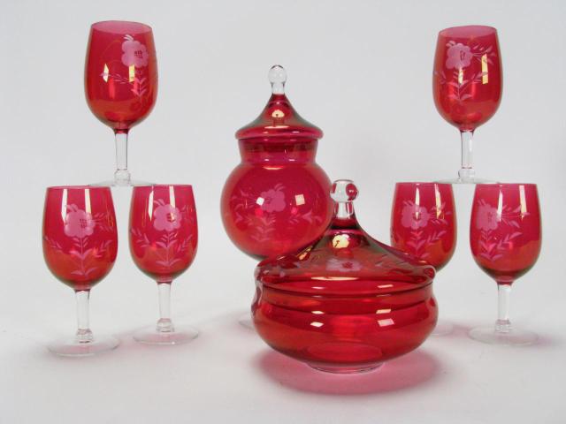 Appraisal: Group of Etched Ruby Glass including set of six wine