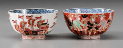 Appraisal: Pair Imari Black Ship Porcelain Bowls Japanese th century exteriors