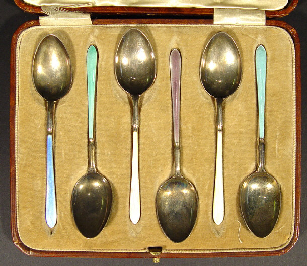 Appraisal: Six silver and coloured enamel teaspoons in a velvet lined