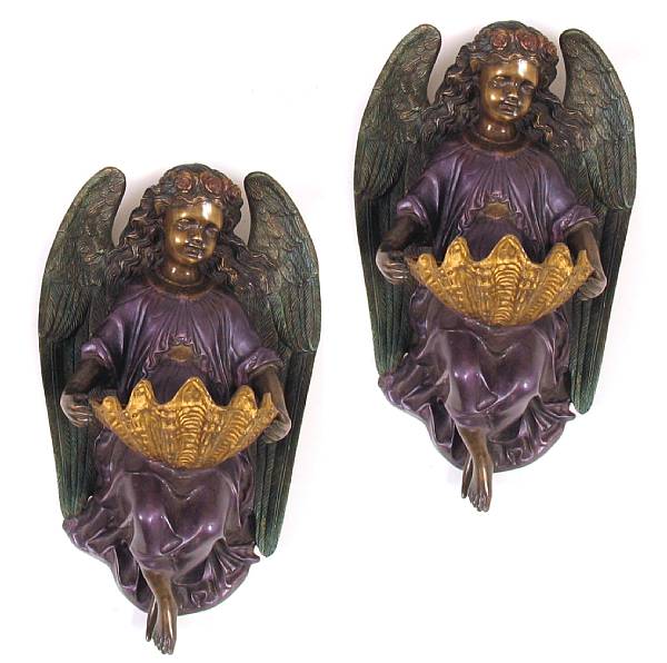 Appraisal: A pair of polychrome bronze hanging figural founts height in