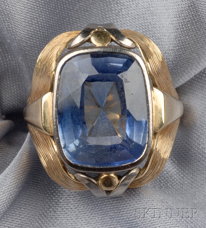 Appraisal: kt Bicolor Gold and Synthetic Sapphire Ring bezel-set with a