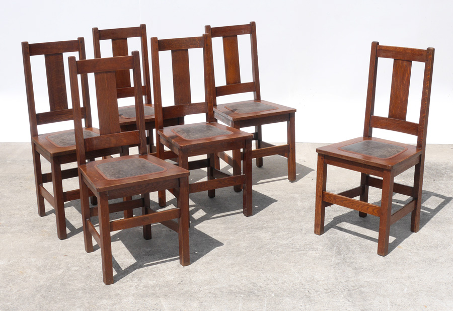 Appraisal: SIGNED CHARLES LIMBERT MISSION OAK CHAIRS Arts Crafts era applied