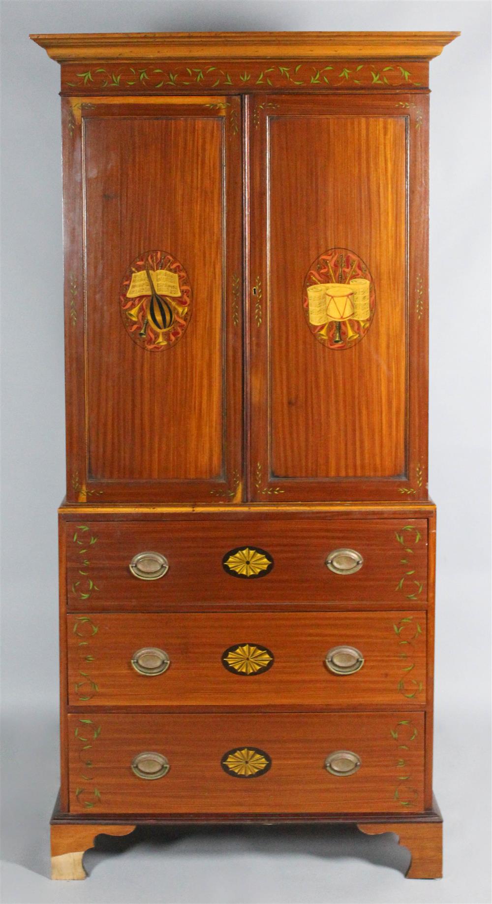 Appraisal: EDWARDIAN PAINT-DECORATED MAHOGANY CABINET ON STAND early th Century the