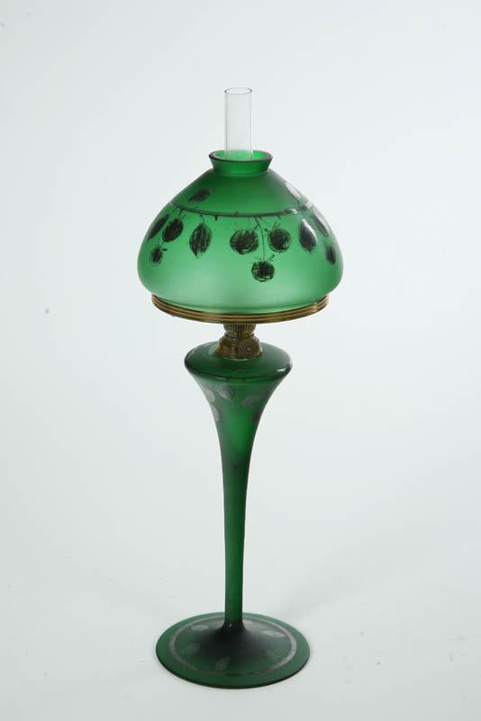 Appraisal: KEROSENE LAMP Green satin glass with etched berry and leaf