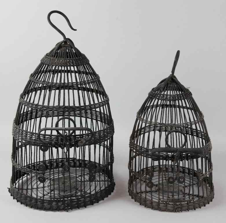 Appraisal: TWO FRENCH WOVEN BIRD CAGES Each of conical form woven