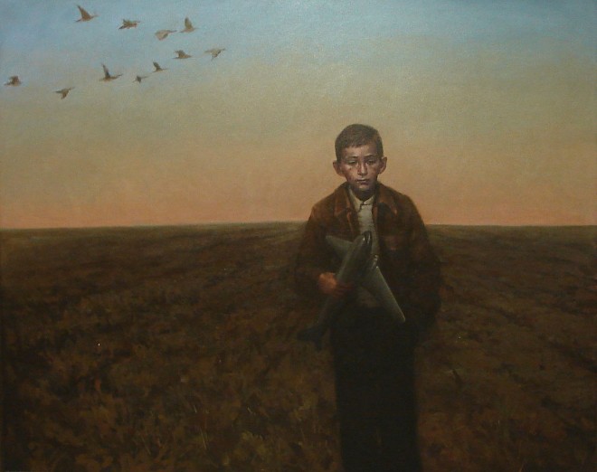 Appraisal: Katherine Fraser Earthbound boy with toy plane oil on canvas