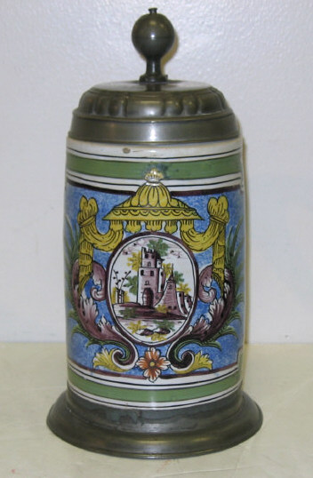 Appraisal: GERMAN PEWTER MOUNTED FAIENCE TANKARD TH C Front of the