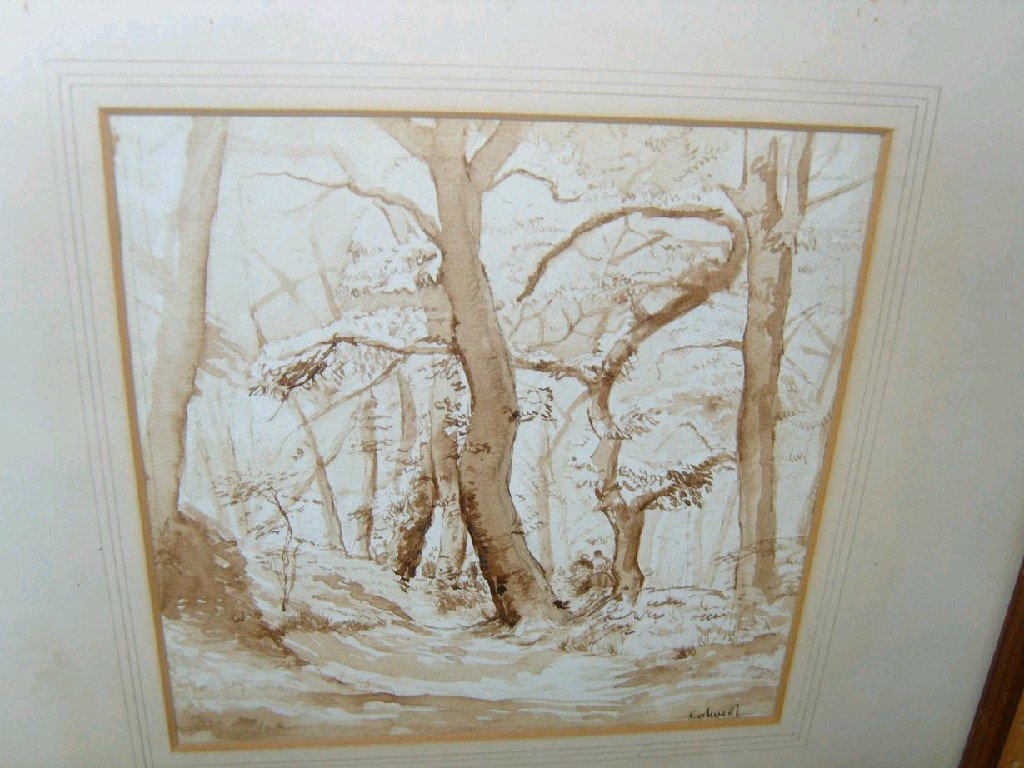 Appraisal: A sepia watercolour of figures in a woodland setting signed