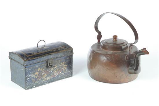 Appraisal: COPPER KETTLE AND TOLE BOX American mid th century Kettle