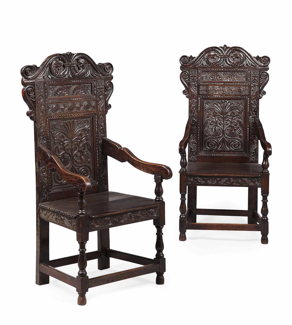 Appraisal: PAIR OF CHARLES II STYLE OAK ARMCHAIRS TH CENTURY the