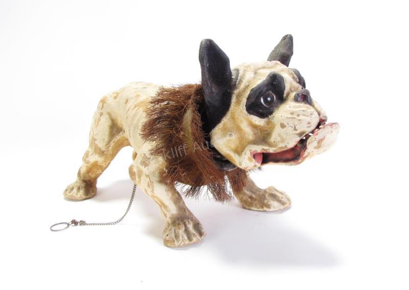 Appraisal: Antique French Toy Barking Bulldog paper mache bulldog with chain