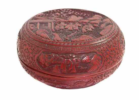 Appraisal: A Chinese Carved Cinnabar Lacquer Domed Circular Box and Cover