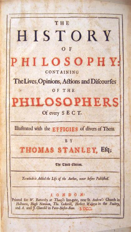 Appraisal: vols Philosophy - th-Century Imprints Stanley Thomas The History of