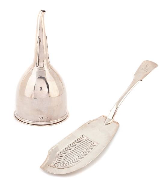 Appraisal: An English silver assembled wine funnel and fish slice the