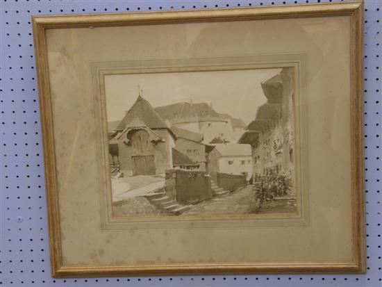 Appraisal: E L Mort monochrome watercolour continental village scene signed and