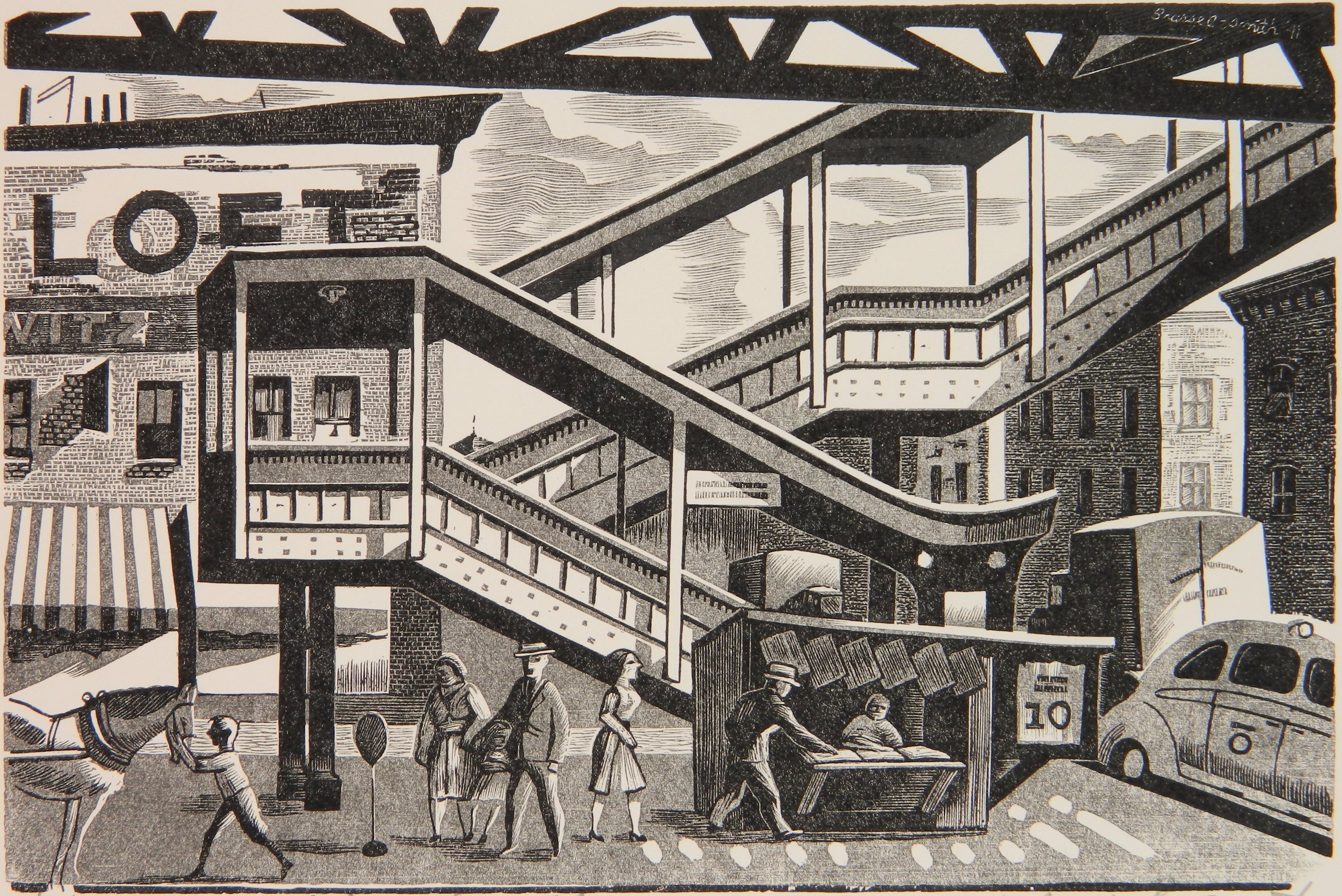 Appraisal: Bernard Brussel-Smith American - ''Allen Street El''- wood engraving signed