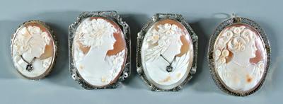 Appraisal: Four vintage gold cameo brooches each with carved shell cameos