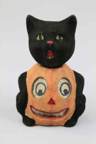 Appraisal: BLACK CAT PUMPKIN HALLOWEEN CANDY CONTAINER A Halloween pumpkin jack-o-lantern