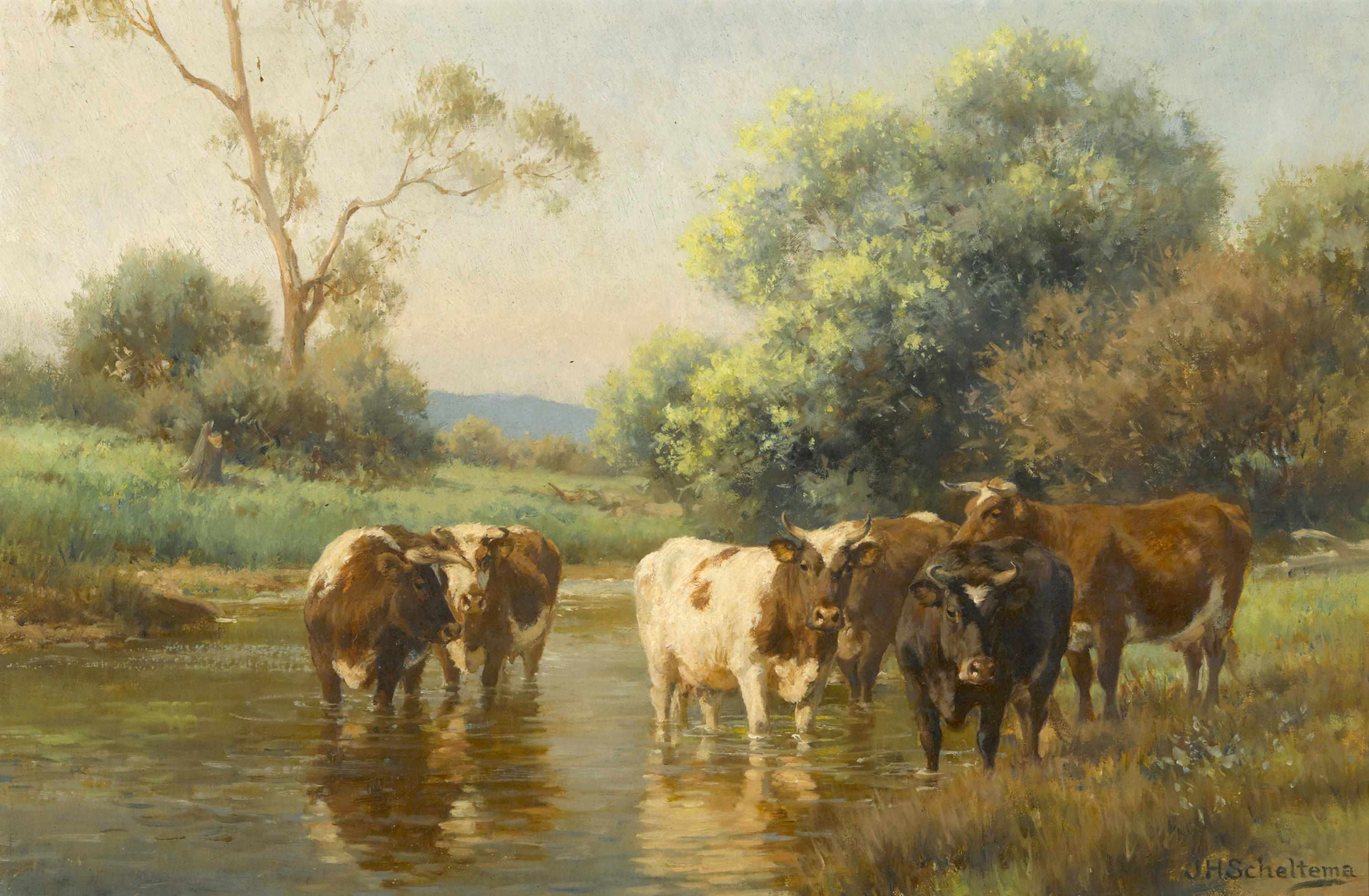 Appraisal: Jan Hendrik Scheltema Australian - Cows watering in a stream